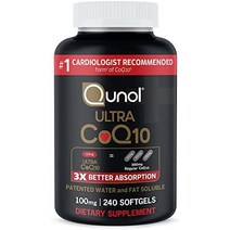qunol ultra coq10 100mg 3배 더 나은 흡수 특허받은 수용성 및 지용성 코엔자임 q10 천연 보충제 형태 심장 건강을 위한 항산화제 120 카운트 소프트젤, 240카운트(1팩)