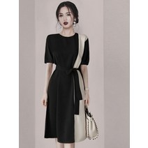원피스 2022 새로운 패션 여성의 반팔 여름 드레스 숙녀 레이스 업 슬림 허리 흑백 패치 워크 드레스