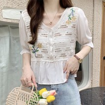 스타일아유 여자 여름 빈티지 옐로우 플라워 자수 가디건 니트 카디건 얇은 여자 여름 플라워 펀칭에 짧은 상의 퍼프소매