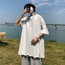 여름 ins 조판 찢어진 반팔 티셔츠 힙합 튀김 거리 순색 바탕 셔츠 고가 bf 5 분 소매 티셔츠 상의