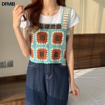 여름 빈티지 에스닉 니트 후크 플라워 펀칭 나시 루즈핏 베스트 나시탑 여
