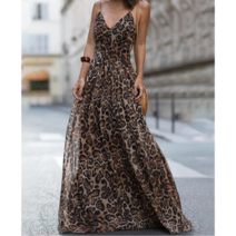 호피 레오파드 브이넥 나시 롱 원피스 수입 여성 쉬폰 민소매 드레스 바캉스 여행룩