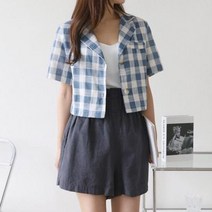 바보사랑 여자 봄 여름 출근런웨이 린넨 체크 크롭 자켓.옷자락(무료배송)