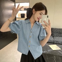 여성 V넥 불규칙 반팔 데님셔츠 벌룬소매 여름자켓 청코트 여성상의