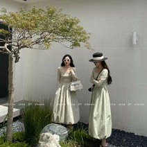 호박 스퀘어넥 원피스 친구결혼식복장 여행옷차림 키작녀 제주도 민트색 크림색 블랙