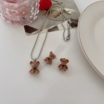 테디 베어 목걸이 귀걸이 세트 여자를위한 귀여운 플러시 미니 보우 Dainty 여자 스웨터 목 체인 쥬얼리 선물