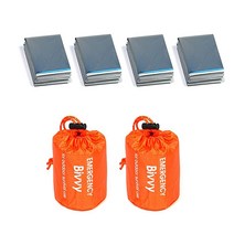 GOGOOD 2팩 비상 침낭 서바이벌 Bivvy 자루 + 4팩 보온 비상 담요 경량 휴대용 생존 장비 야외용