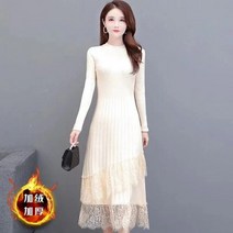 예복원피스 아나운서 빅사이즈 우아한 스플라이스 레이스 니트 드레스 여성용 두꺼운 벨벳 라이너 따뜻한