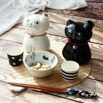행운의 고양이 도자기 술병세트 행복 혼술세트 (술병 술잔 안주그릇), 블랙(Black)세트