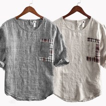 JUSTFEELING M-4XL 캐주얼 린넨셔츠 100KG까지 빅사이즈 라운드넥 반팔셔츠 면마 남방 블라우스 데일리 배색
