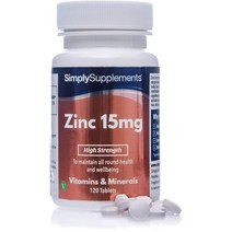Simply Supplements 아연 15 mg -120 정제 - 비건 채식인에 적합 - 4 개월의 지속 시간 - 간단한 보충, 4개
