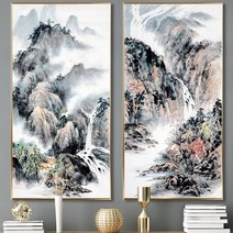 수묵화 산수화 동양화 민화 그림 2종 거실 침실 인테리어 풍경 숲 액자 집들이 개업선물, 01번 안정의 산수화, 유광골드(고급캔버스출력), 초대형    60cm x 120cm