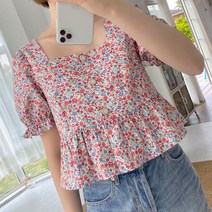 어블루문 잔꽃 퍼프 스퀘어넥 플레어 반팔 블라우스