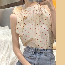 여름 쉬폰 땡땡이 도트 민소매 홀터 블라우스 카라없는 하늘하늘 샤랄라 보세 왕리본 SY