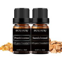 BURIBURI 2종 팩 샌들우드+프랑킨센스 100% 퓨어 정유 에센셜 오일 각 10ml 내츄럴 디퓨저용 마사지용 아로마 테라피(샌들우드+프랑킨센스)