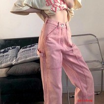 봄과 여름 핑크 자수 데님 바지 여성용 스트레이트 바지 높은 허리 와이드 다리 바지