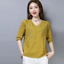 가바바 여성 린넨 셔츠 복고 자수 바람이 잘 들어오는 데일리 여름 린넨 셔츠 G36988