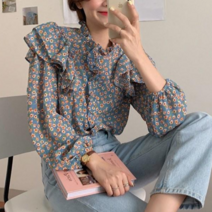 [루디아] 여성 봄 가을 초로록 플라워 어깨 프릴 블라우스