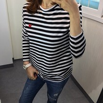 라임브릿지 남녀공용 커플티 하트 단가라 긴팔 티셔츠