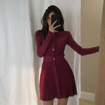 작은 허리보정 키가 커 보이고 날씬해 보여 니트 플리츠 A라인 여성 라운드원피스 클래식 버튼 단추 짧은
