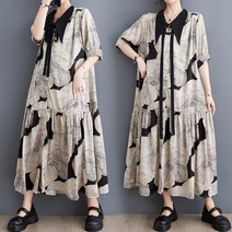 코카마니 여성 빅사이즈 반팔 셔링 플레어 블랙 카라 앞단추 타이 롱 원피스