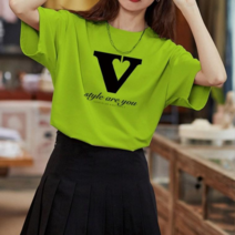 스타일아유 여성 순면 코튼 박스핏 티셔츠 반팔티 오버핏 V 문자 프린팅 여자 여름 롱티