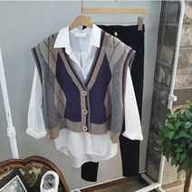 상상그이상 여성용 유니크한 아가일 패턴 니트 조끼 베스트 간절기 신상조끼