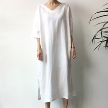 리즈와이 린넨 브이넥 루즈핏 롱원피스 반팔 옆트임 빅사이즈 (3color)