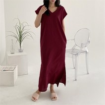 브이와이 VY 여자 돌만 Y넥 통소매 민무늬 원피스