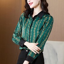 봄 시즌 뽕누에 실크 그린 체인 블라우스