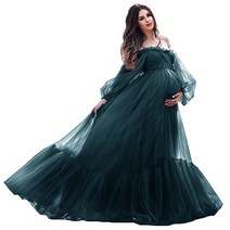 Mau luanrw Puffy Sleeve 임산부 드레스 튤 로브 사진 촬영용 오프 숄더 임신 베이비 샤워 가운 청록색 [미국 직배송], Teal