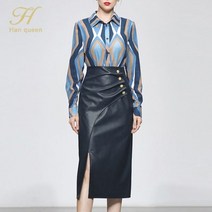 캐주얼 싱글 브레스트 프린트 블라우스 + 빈티지인조펜슬스커트 여성용 세련된 스타일의 치마 정장 가을 투피스/세트