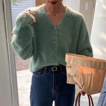 여성 가을 겨울 루즈핏 브이넥 앙고라 울니트 가디건 그린 레드 핑크 7color