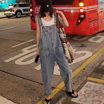 여성 멜빵 복고 바지 점프수트 구멍 데님 바지 여성 버전 오버핏 스트레이트 소금 시리즈 봄 가을 복고풍 홍콩 풍미슬림 점프 슈트