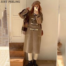 JUST FEEL!NG 겨울 무지 오버핏 떡볶이 단추 롱 코트 모직 주니어 핸드메이드 베이직 아웃포켓 더플 코트