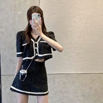 블라우스 상하의 플리츠 여성 반바지 캐쥬얼 치마 셔츠 빈티지한 느낌 브이넥 싱글 반팔 카디건 감령 하이웨이스트 A라인 백