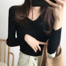 패션디바 여성용 봄 가을 간절기 심플 베이직 골지슬림 긴팔 니트 브이넥