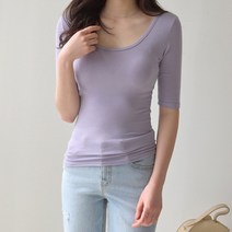 데일리앤 일랑 여자 슬림핏 U넥 이너 무지 5부 티셔츠