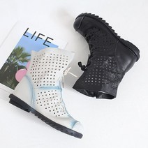 마스 여성 부드러운 가죽 펀칭 부츠 옆지퍼 고무창 미들 숏 굽2.5cm