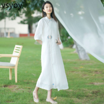 vsyoy 2023 여름 새로운 개선 된 민족 스타일 중국 스타일 화이트 칼라 긴 중국 스타일 드레스 티 드레스 여성용