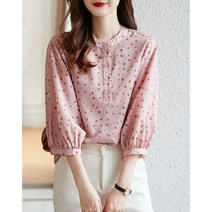 DFMEI 핑크 도트 쉬폰 반팔 블라우스 여 봄여름 칠부 상의 디자인 미니멀 셔츠