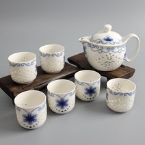같은공간-청화백자 투각 호접화 다관+잔6 경덕진 다기세트 다기세트 중국다기 찻잔세트 다기셋트 투각다기세트-SS