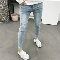용된다 남자 워싱 밑단 컷팅 슬림핏 데님 청바지