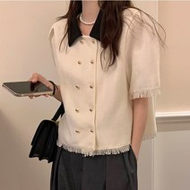 스타일아유 여자 여름 트위드 크롭 숏 카라 반팔 더블 자켓 데일리 오피스룩 재킷