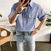 웨일즈 하늘하늘 엣지 투포켓 스트라이프 린넨 카라 반팔 셔츠 (3 Colors)