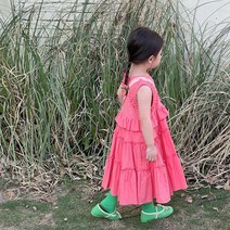PigPug 한국 아동복 22 여름 여자 원피스 순색 민소매 나시 스커트 나무 귓가 케이크 스커트