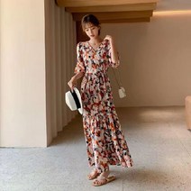 AMlisa 프린팅 롱원피스 트랜드 우아한 슬림핏 여름쉬폰원피스 빅사이즈원피스 여름쉬폰원피스