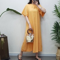 제이후 루즈핏 반팔 라운드 무지 면 등 트임 A라인 플레어 박시 롱원피스