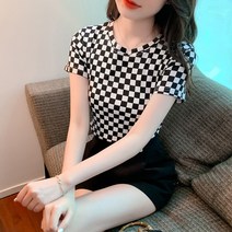한국어 버전 빈티지 서양식 분위기 슬림하다 날씬하다 블라우스 반팔 라운드 칼라 바둑판 체크 니트 티셔츠 상의 여자