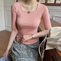 데일리앤 레이즐 스퀘어넥 슬림핏 5부 여성 기본 이너 반팔 티셔츠